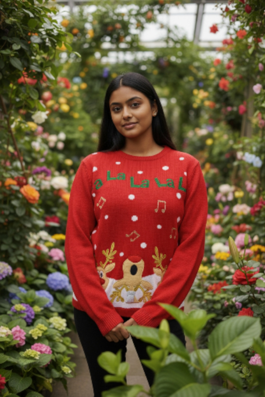 Ugly Christmas Sweater FA LA LA LA Singing Reindeer Holiday Time Red Small